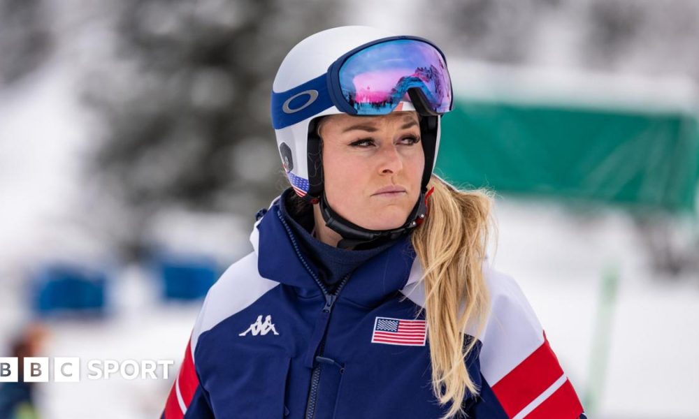 Lindsey Vonn at downhill practice training session in Cortina at Winter Olympics