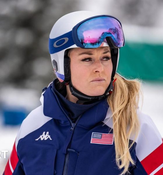 Lindsey Vonn at downhill practice training session in Cortina at Winter Olympics