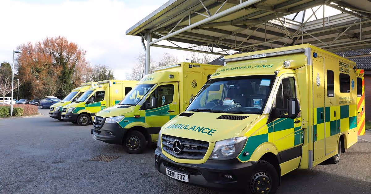 Ambulances queue outside A&E department at Morriston hospital, Swansea