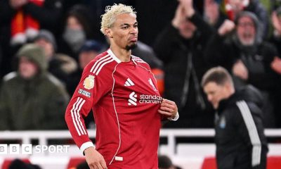 Hugo Ekitike celebrates after scoring for Liverpool against Newcastle United at Anfield