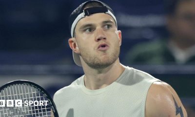 Jack Draper reacts during his match against Quentin Halys at the Dubai Tennis Championships