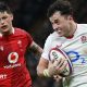 Henry Arundell celebrates scoring a try for England