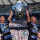Bath's Cameron Redpath and Miles Reid lift the Premiership title at Twickenham in June