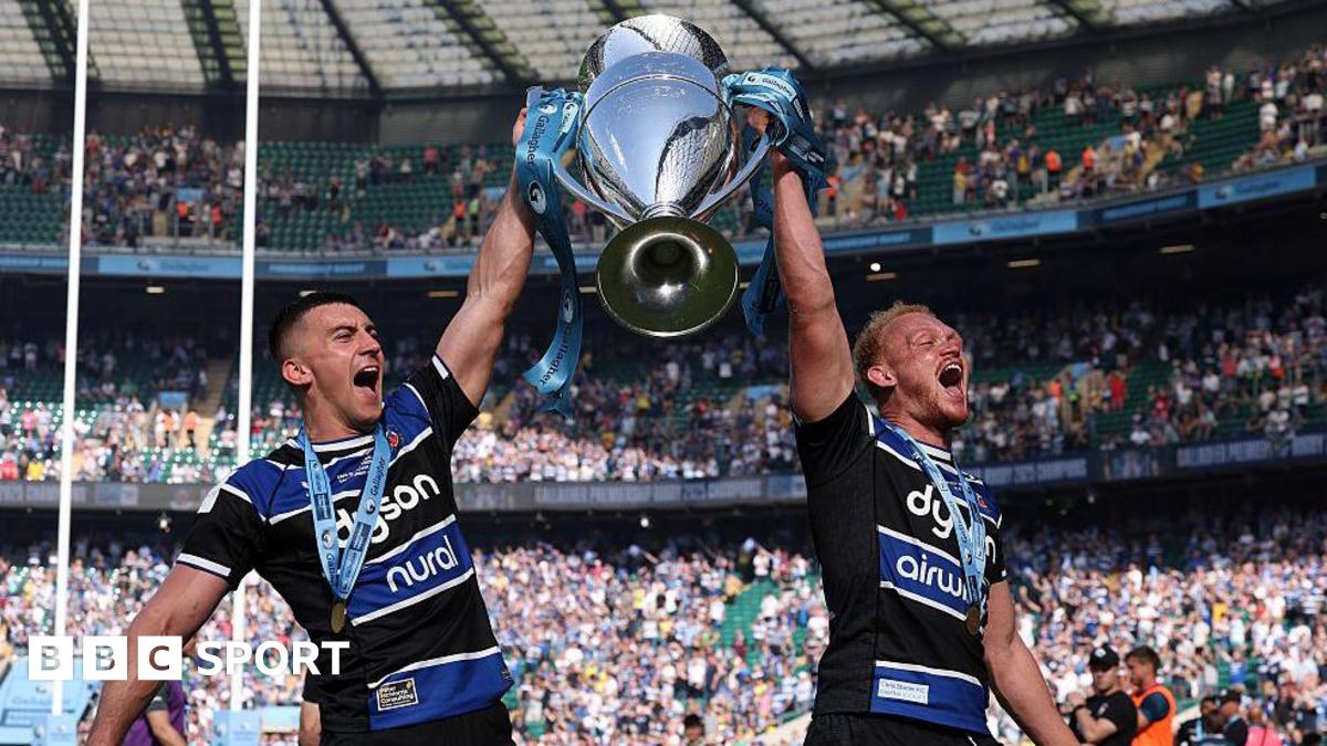 Bath's Cameron Redpath and Miles Reid lift the Premiership title at Twickenham in June