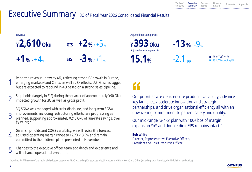 Olympus Q3 FY2026 slides: Revenue guidance cut 2% amid ship-hold challenges