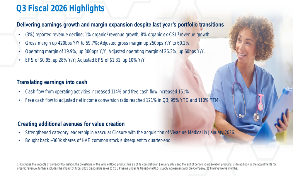 Haemonetics Q3 2026 slides: Margin expansion and cash flow surge despite revenue transition