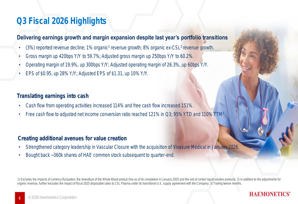 Haemonetics Q3 2026 slides: Margin expansion and cash flow surge despite revenue transition