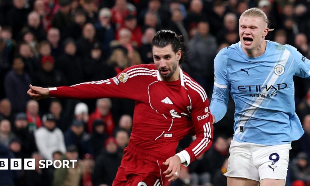 A graphic of Premier League players from every team in the division in 2025-26 season, with the Premier League trophy in front of them.