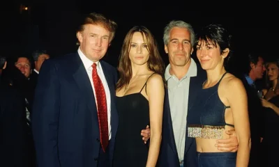 From left, American real estate developer Donald Trump and his girlfriend (and future wife), former model Melania Knauss, financier (and future convicted sex offender) Jeffrey Epstein, and British socialite Ghislaine Maxwell pose together at the Mar-a-Lago club, Palm Beach, Florida, February 12, 2000.