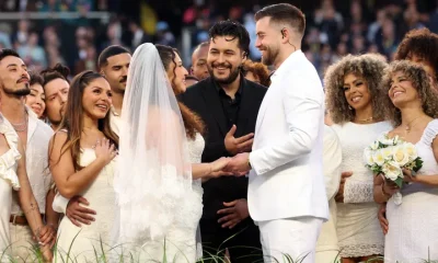 A couple is married during the Apple Music Super Bowl LX Halftime Show at Levi's Stadium on Feb. 8, 2026, in Santa Clara, California.