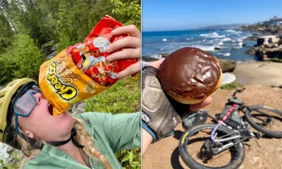 Meaghan Hackinen shows off a couple of her favorite race foods: Cheetos and a Boston cream doughnut.