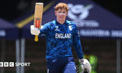 England captain Thomas Rew salutes the crowd after making a century