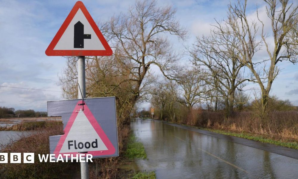A flooded road flanked by trees with a blue and grey sky overhead and a sign in the foreground that reads "Flood".