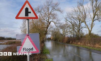 A flooded road flanked by trees with a blue and grey sky overhead and a sign in the foreground that reads "Flood".