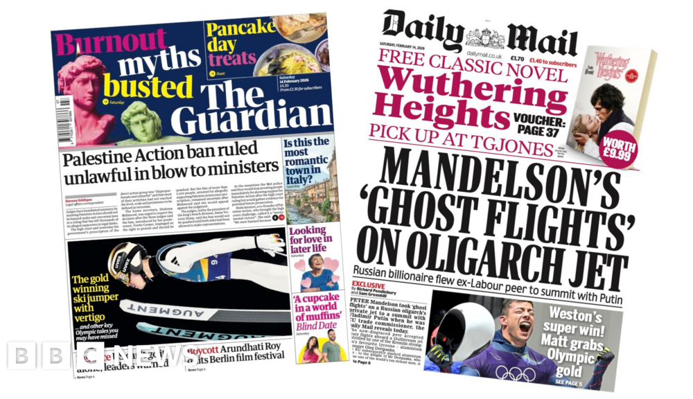 'Palestine Action ban ruled unlawful' and 'Matt grabs Olympic gold'