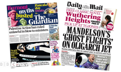 'Palestine Action ban ruled unlawful' and 'Matt grabs Olympic gold'