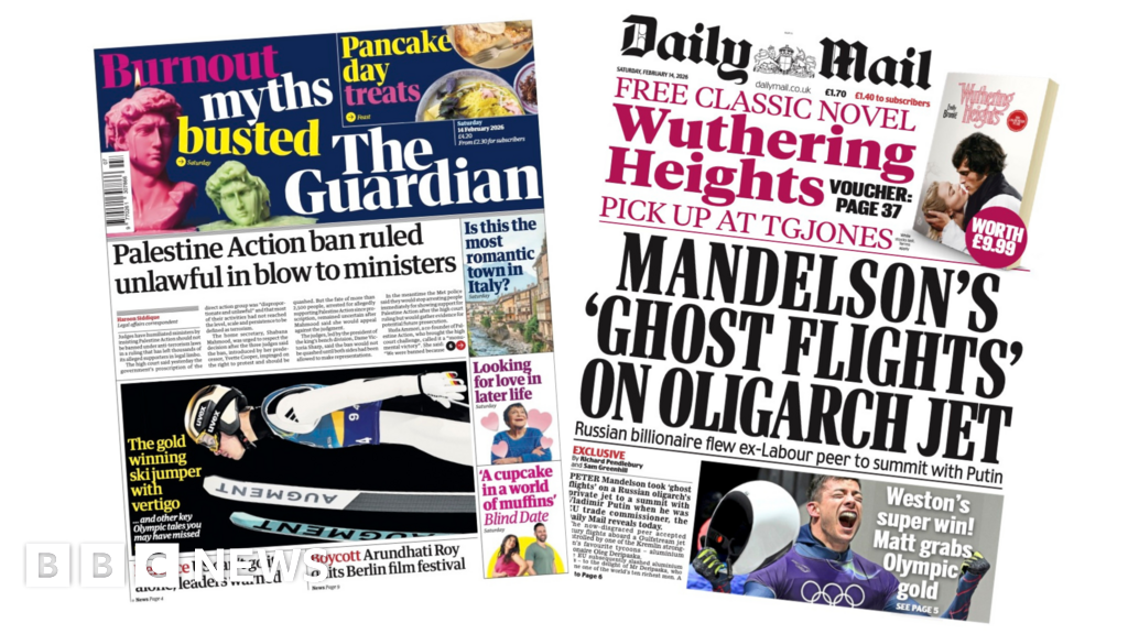 'Palestine Action ban ruled unlawful' and 'Matt grabs Olympic gold'