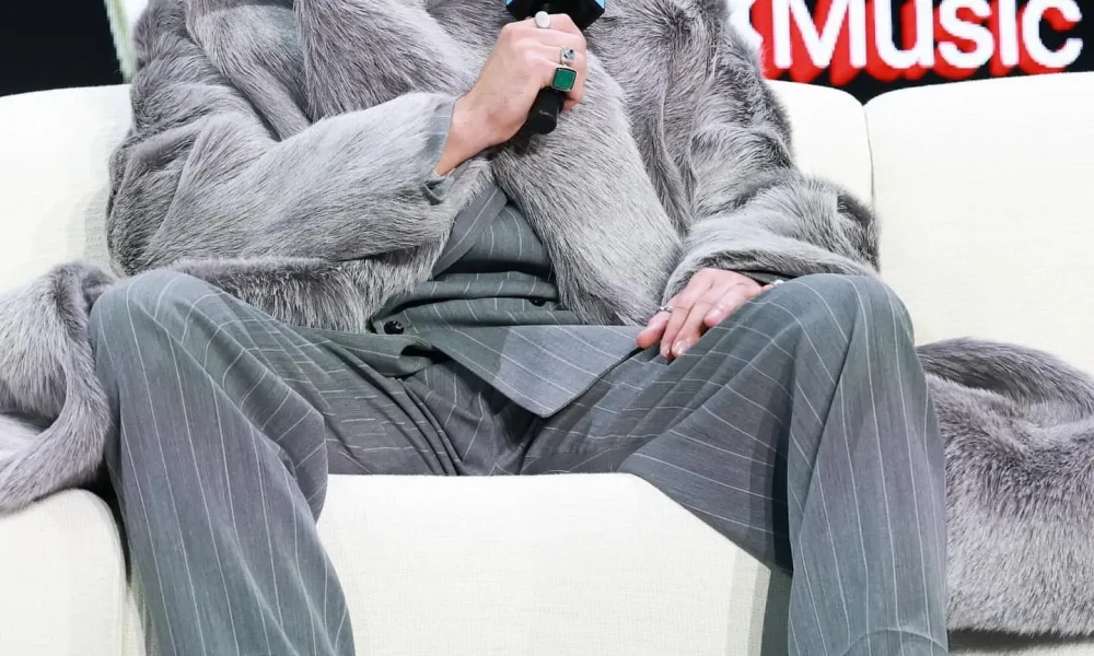 Bad Bunny Wore A Grey New Bottega SpringSummer 2026 Look To The Apple Music Super Bowl LIX Halftime Show Press Conference 1