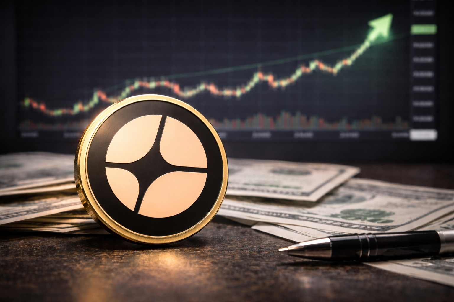 Aster cryptocurrency token placed on dollar banknotes and a desk with a trading chart rising in the background.