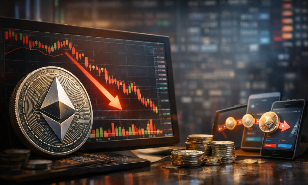 Ethereum coin displayed in front of a trading monitor showing a downward market trend, with crypto wallets and coins symbolising transfers during a price decline.