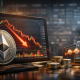 Ethereum coin displayed in front of a trading monitor showing a downward market trend, with crypto wallets and coins symbolising transfers during a price decline.