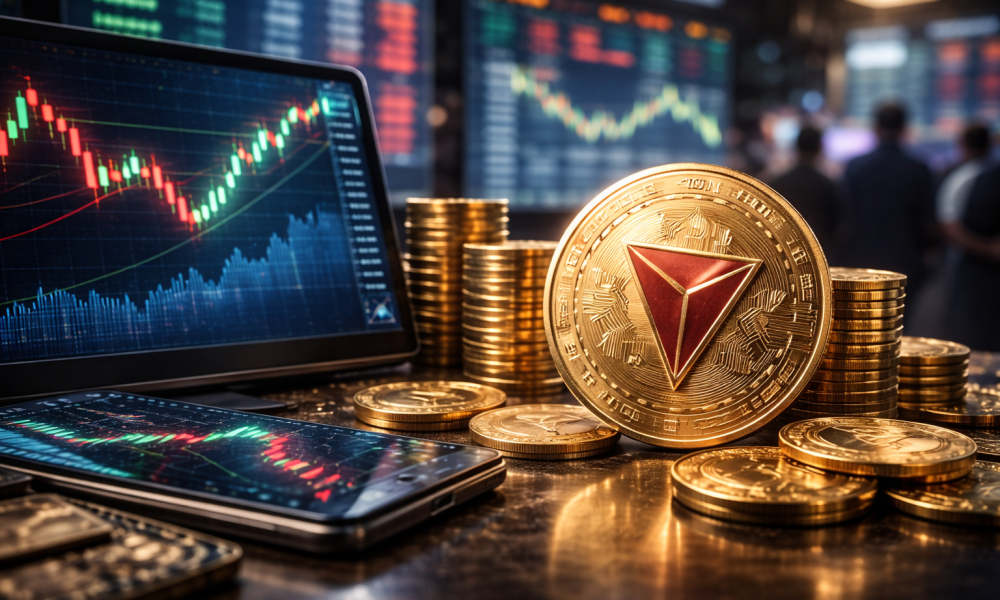 TRX cryptocurrency coin displayed on a trading desk with stacked coins and digital market charts in the background.