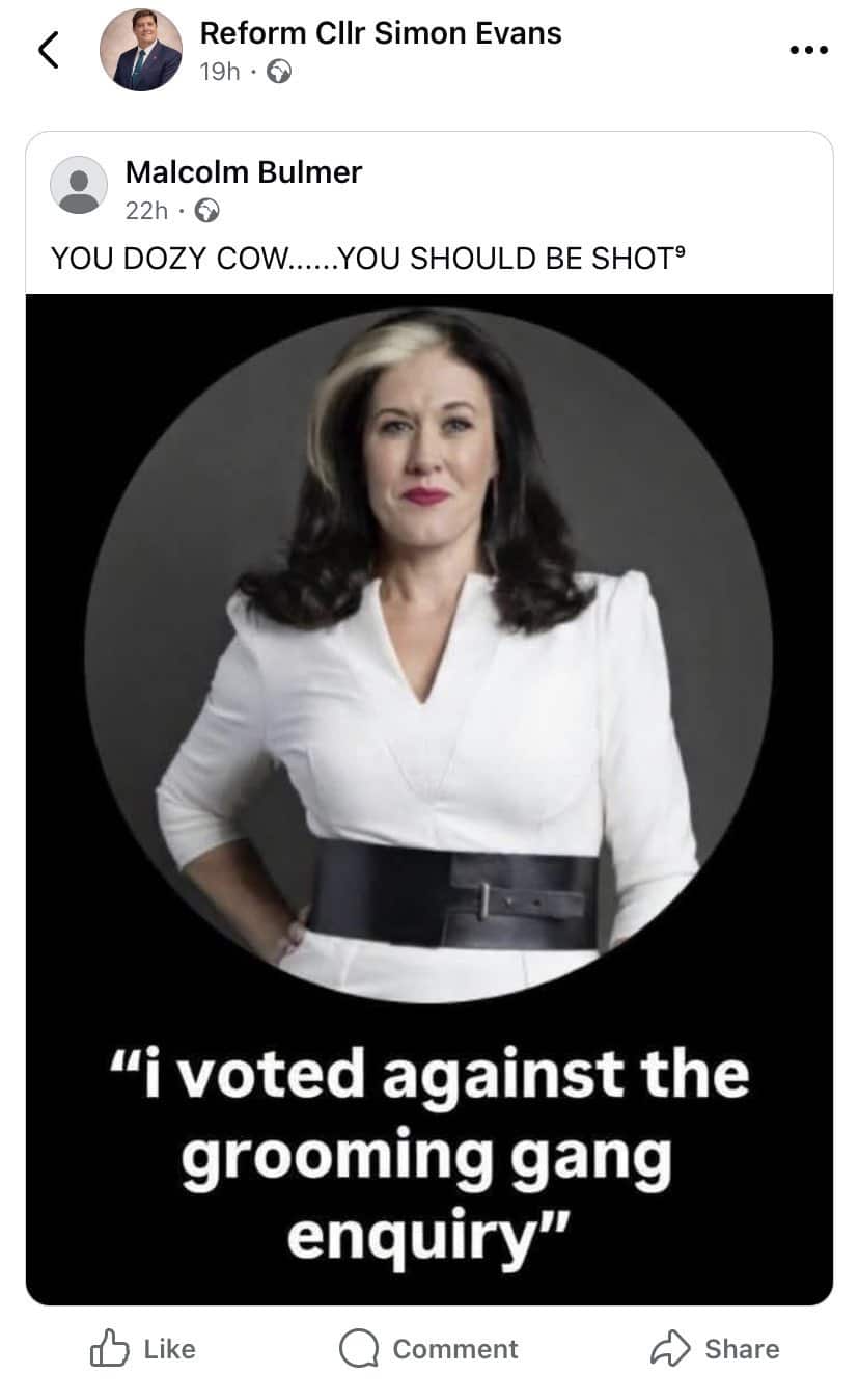 Reform councillor reposts call for Labour MP to be shot