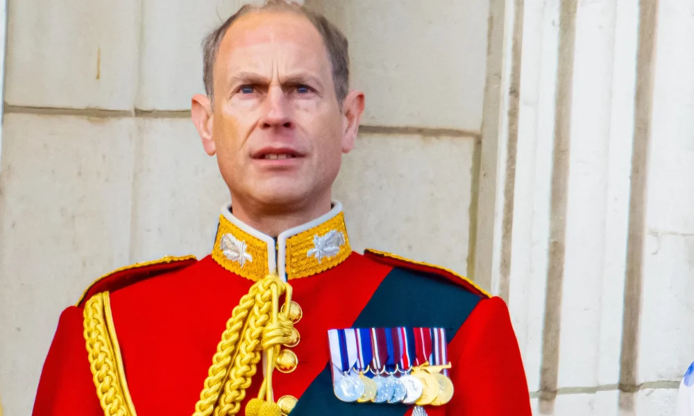 Prince Edward Duke of Edinburgh during appearance on the Buckingham Palace balcony to watch the flypast during Trooping the Colour 2024 ceremony