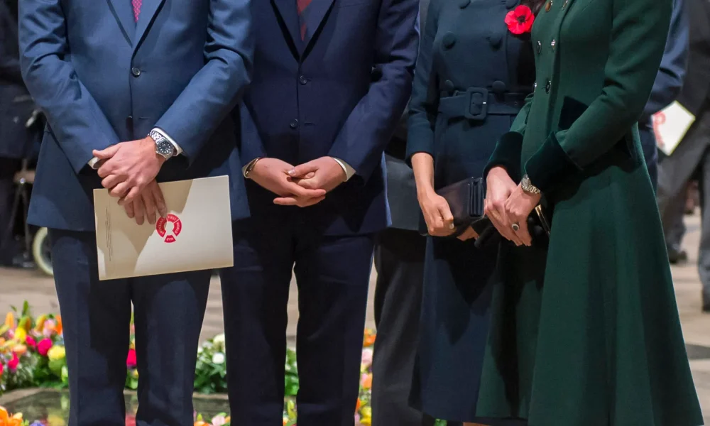 (L-R) Prince William, Prince Harry, Meghan Markle, Kate Middleton