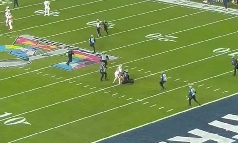 Topless streaker halts Super Bowl before being tackled by New England Patriots star in wild scenes