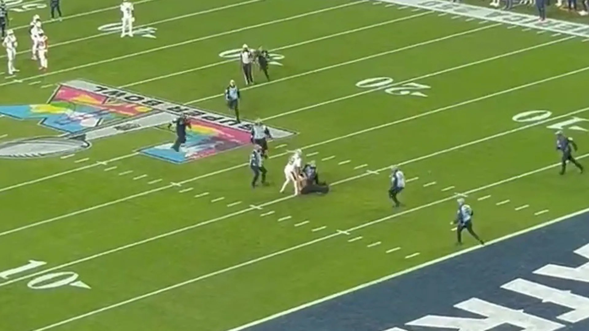 Topless streaker halts Super Bowl before being tackled by New England Patriots star in wild scenes