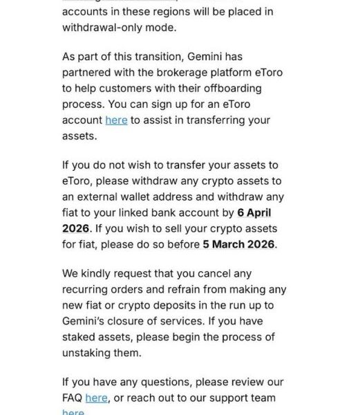 Gemini to Exit UK Market, Shifts Accounts to Withdrawal-Only From March 5
