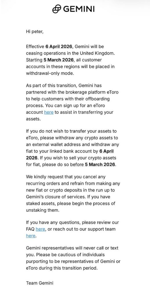 Gemini to Exit UK Market, Shifts Accounts to Withdrawal-Only From March 5