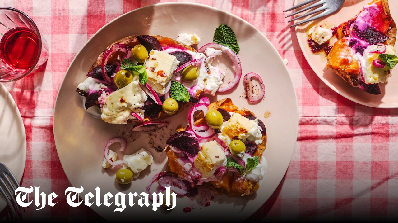Baked sweet potatoes with honey-roast feta, olives, beetroot and mint recipe