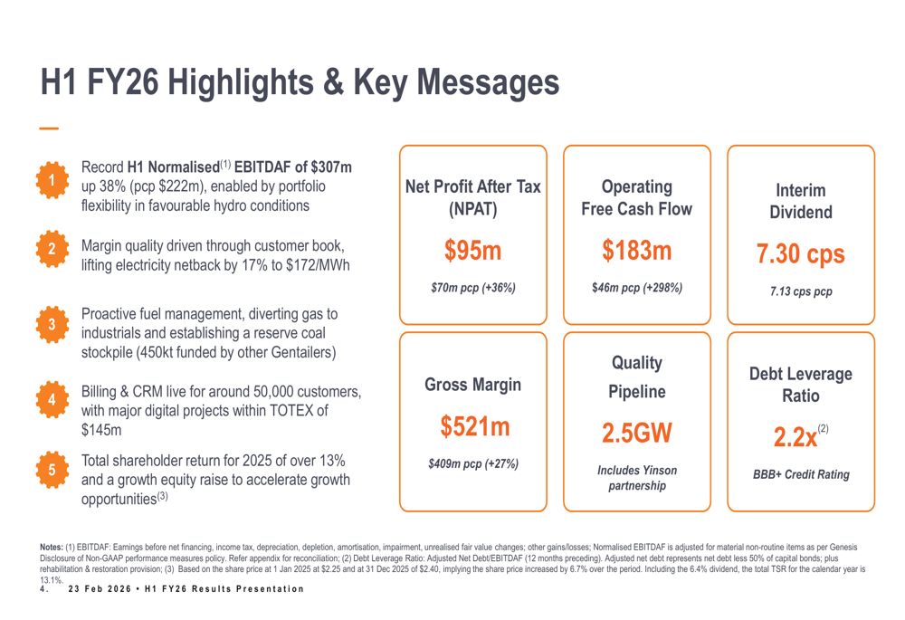 Genesis Energy H1 FY26 slides: record earnings fuel renewable expansion