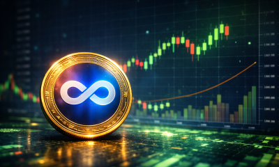 A single Axie Infinity (AXS) token coin placed in front of a blurred cryptocurrency candlestick trading chart background.