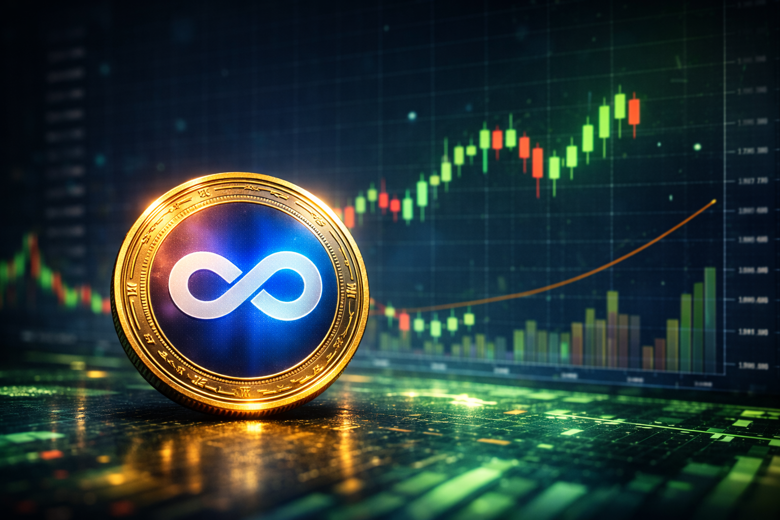A single Axie Infinity (AXS) token coin placed in front of a blurred cryptocurrency candlestick trading chart background.