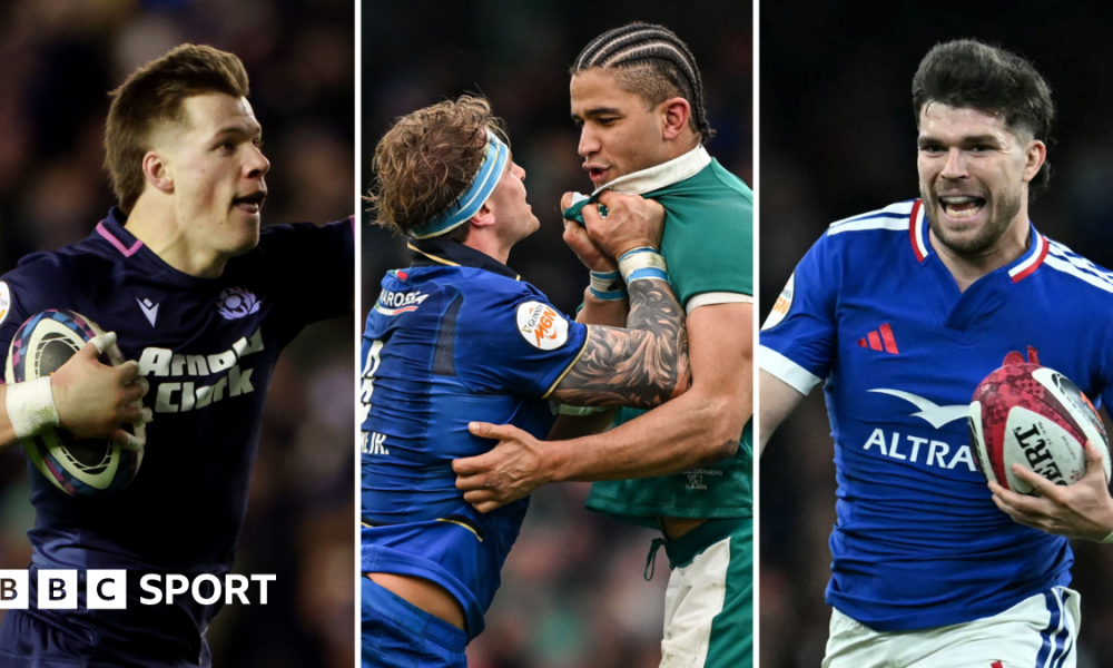 Huw Jones, Cormac Izuchukwu and Matthieu Jalibert side by side in a composite image