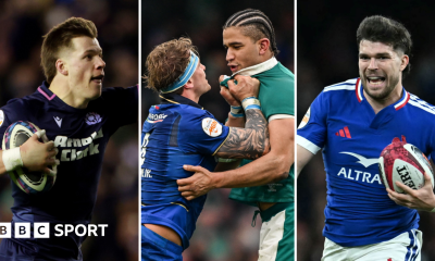 Huw Jones, Cormac Izuchukwu and Matthieu Jalibert side by side in a composite image