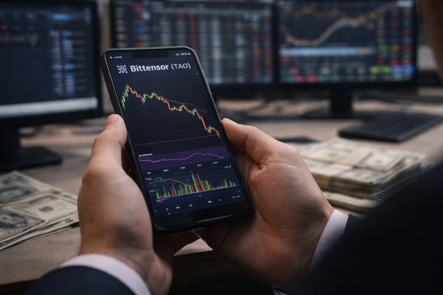 An investor holds a smartphone displaying a cryptocurrency candlestick chart while monitoring markets at a trading desk.