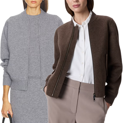 collage of two women wearing bomber jackets that are probably appropriate for the office