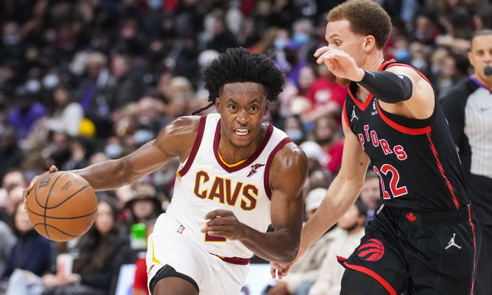 Collin Sexton #2 of the Cleveland Cavaliers dribbles against the Malachi Flynn #22 of the Toronto Raptors during the first half of their basketball game at the Scotiabank Arena on November 5, 2021 in Toronto, Ontario, Canada.
