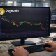 A trader’s hands operate a keyboard while monitoring a Dogecoin candlestick chart on a desktop monitor in a financial office setting.