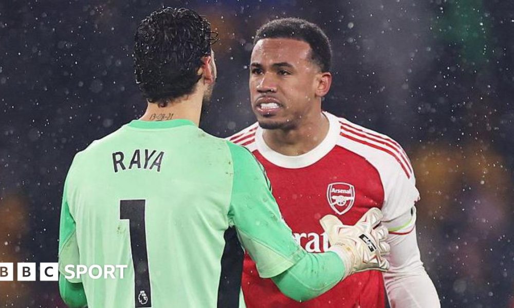 Arsenal keeper David Raya and defender Gabriel in a heated exchange after their misunderstanding led to Wolves securing a late equaliser.
