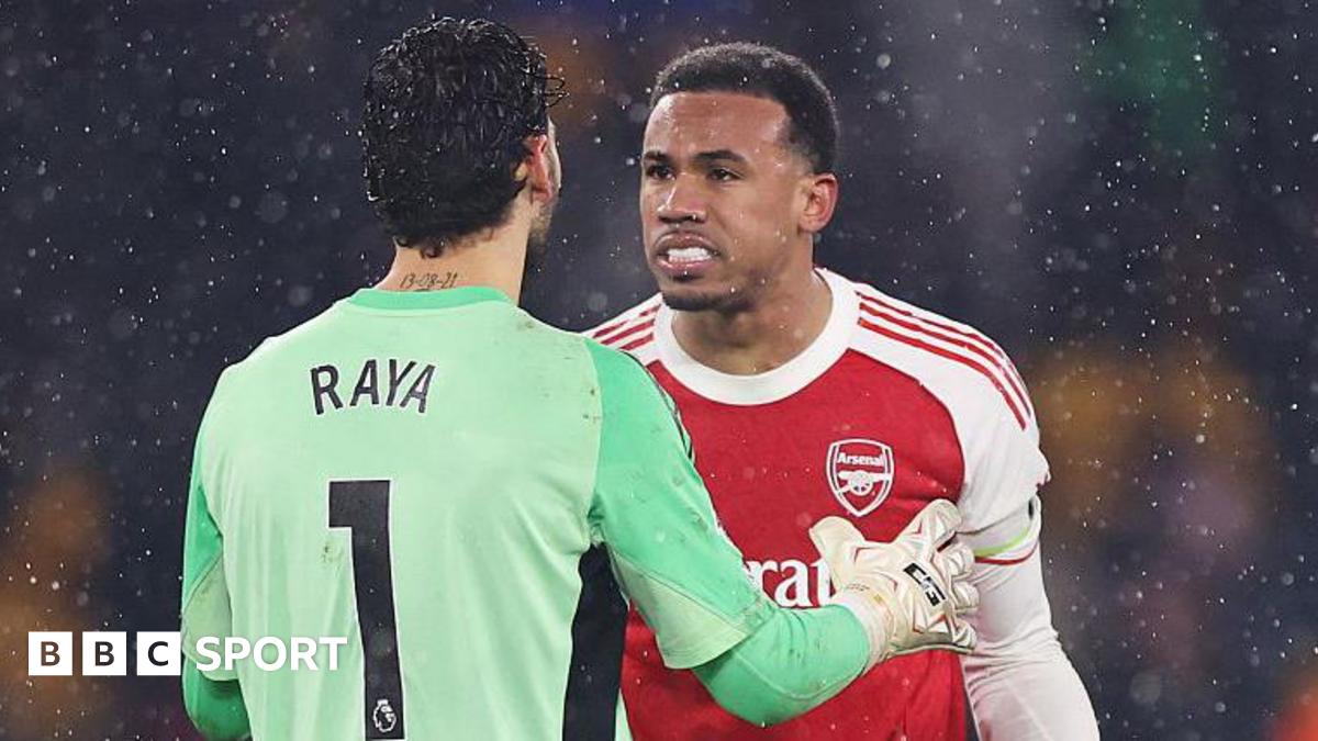 Arsenal keeper David Raya and defender Gabriel in a heated exchange after their misunderstanding led to Wolves securing a late equaliser.