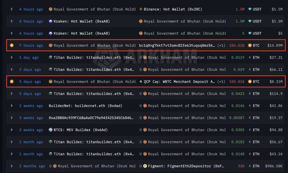 Blockchain analytics dashboard showing Bhutan Bitcoin outflows