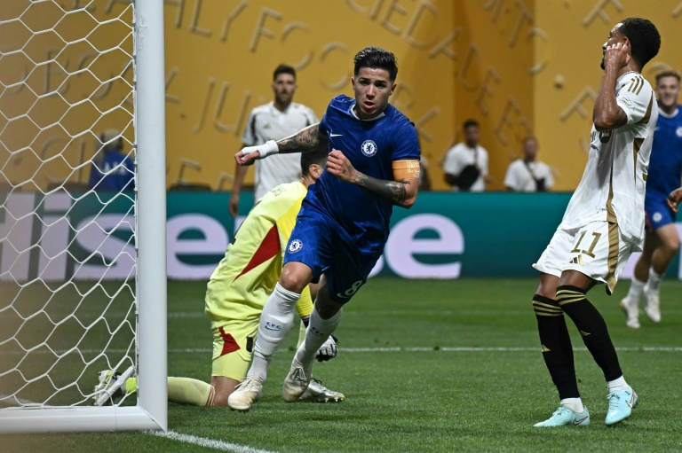 Enzo Fernandez (C) celebrates after scoring Chelsea's second goal against Los Angeles FC in Atlanta