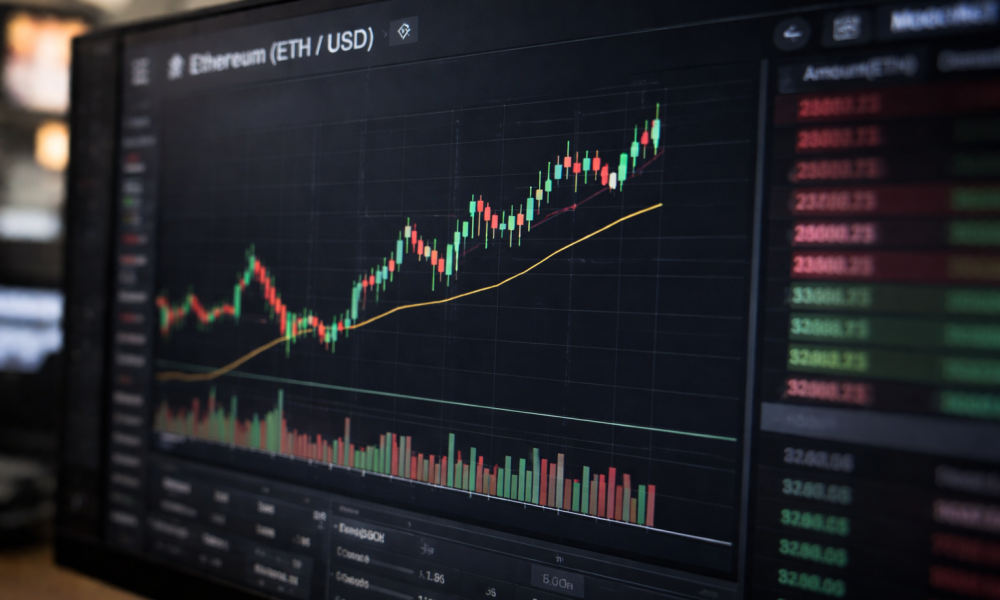 A computer monitor displaying an Ethereum (ETH/USD) candlestick price chart with rising trend lines and trading volume bars on a cryptocurrency trading interface.