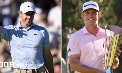 Rory McIlroy celebrates and Jacob Bridgeman holds the trophy at the Genesis Invitational