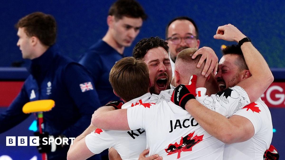 Canadian curlers celebrate after their defeat of Great Britain's team, two members of which are seen on the right